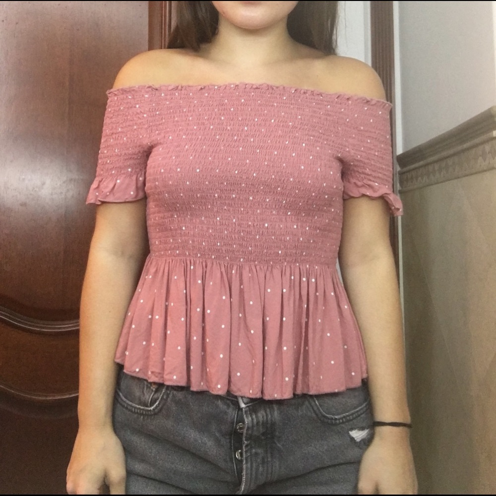 Pink off the shoulder top with polka dots